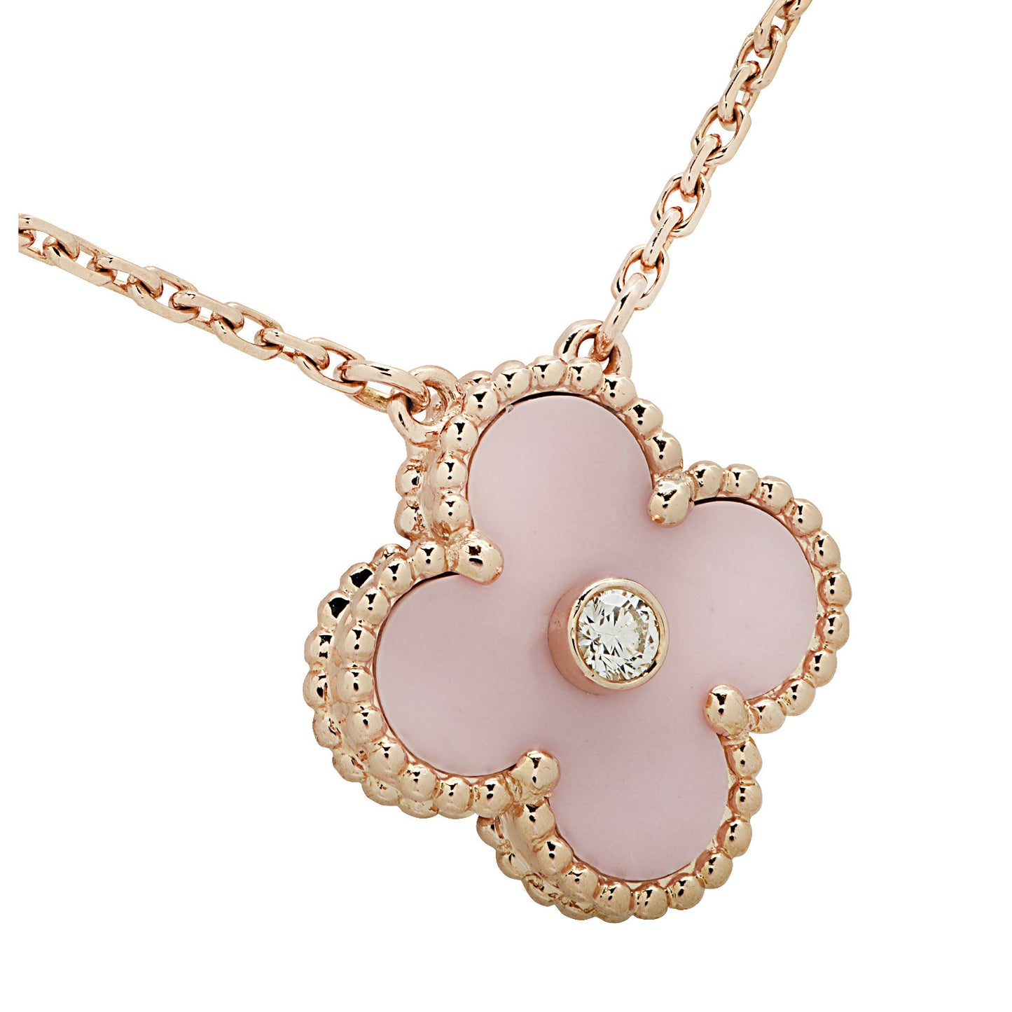 Van Cleef & Arpels Post-1980s 18KT Rose Gold Diamond & Porcelain Alhambra Necklace front