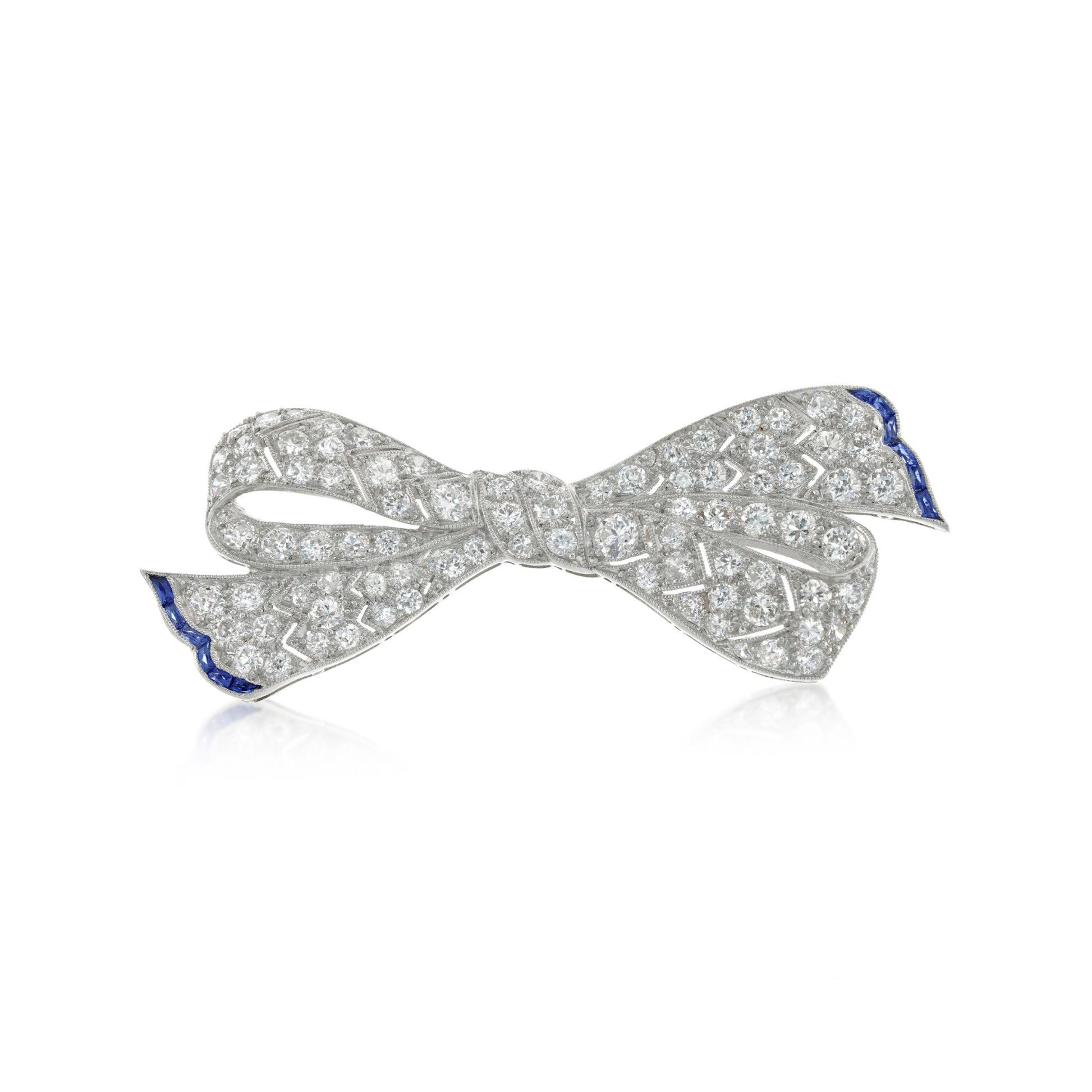 Art Deco Platinum Diamond & Sapphire Bow Brooch front