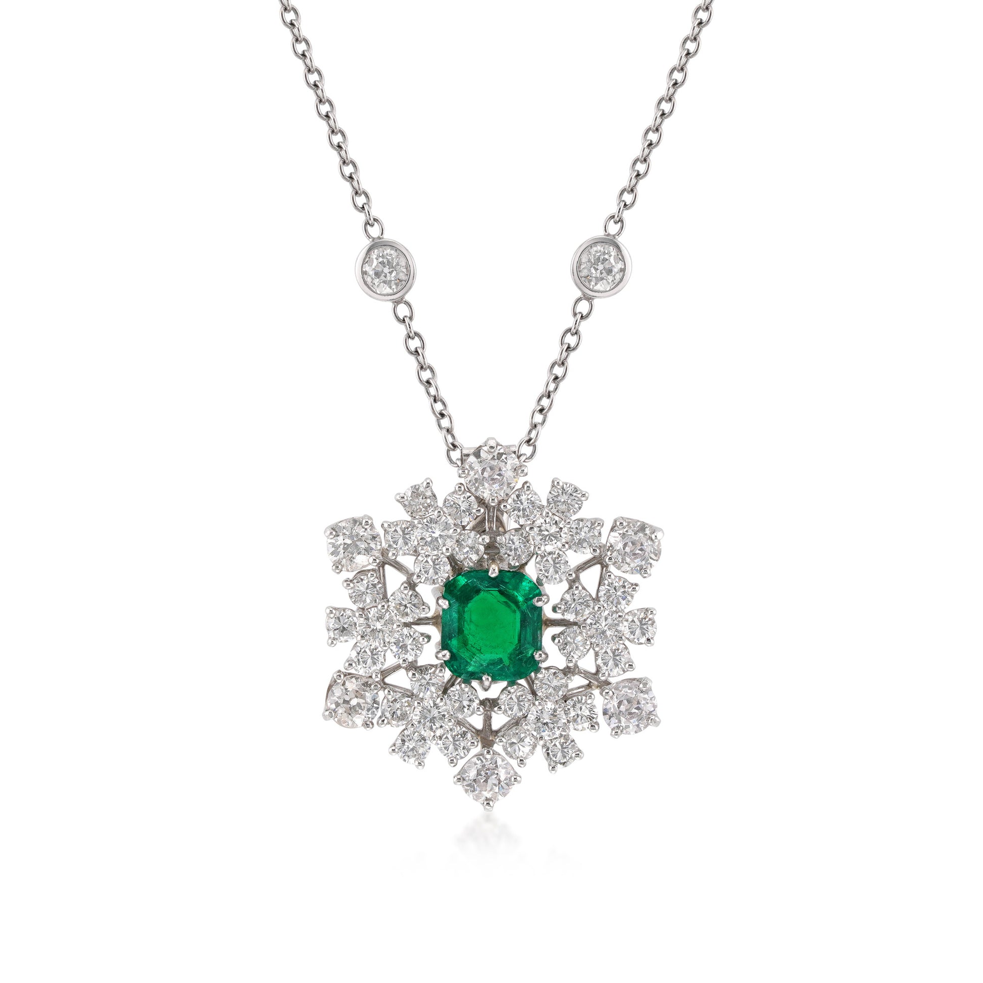 Post-1980s 14KT White Gold & Platinum Emerald & Diamond Necklace front