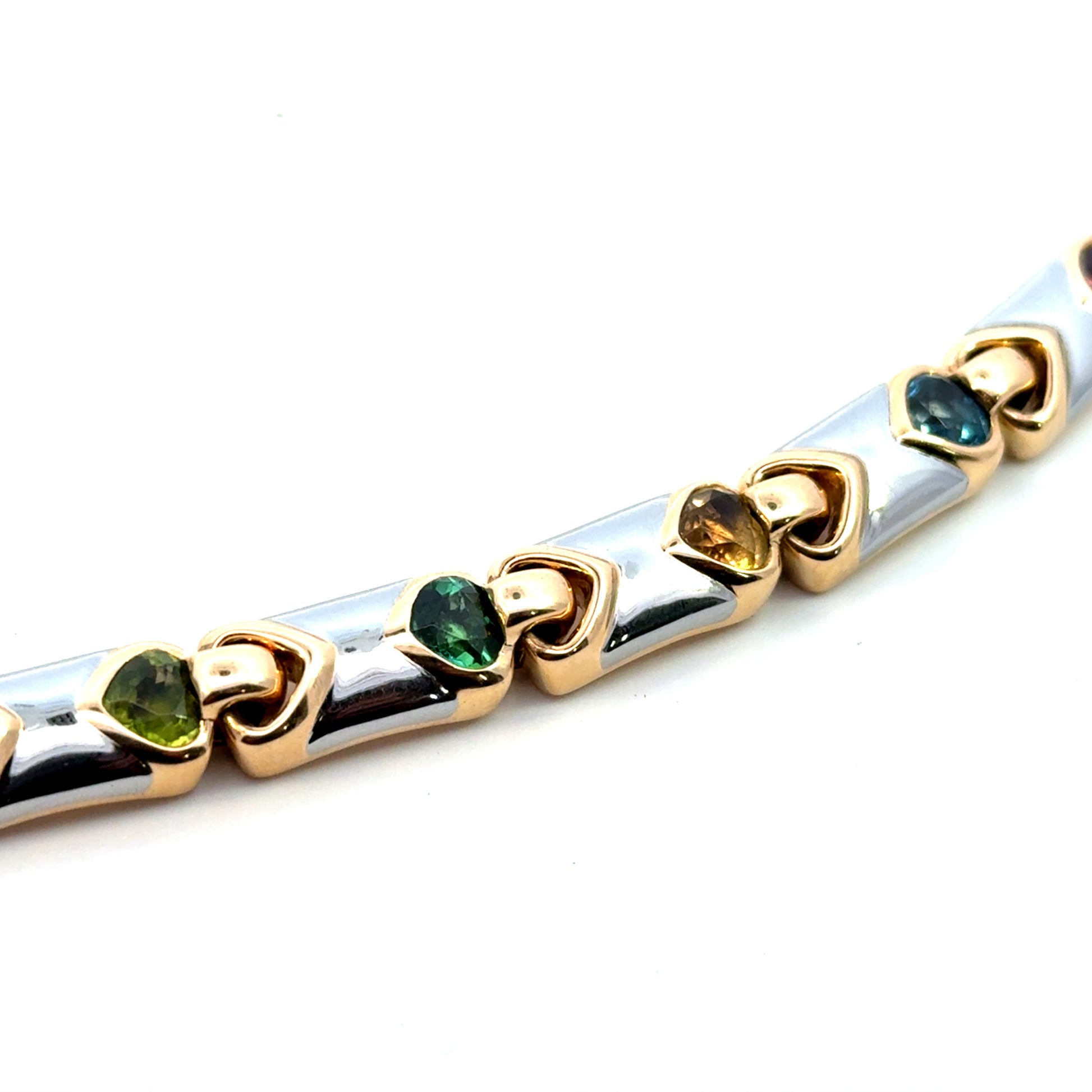 Bulgari Italy 1980s 18KT White & Yellow Gold Tourmaline "Doppio Cuore" Bracelet close-up details