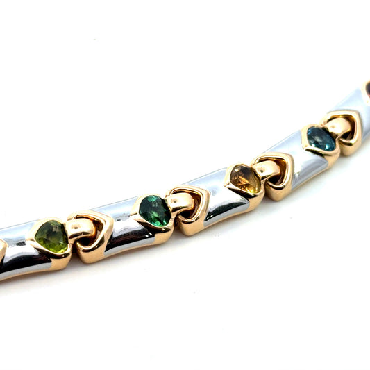 Bulgari Italy 1980s 18KT White & Yellow Gold Tourmaline "Doppio Cuore" Bracelet close-up details