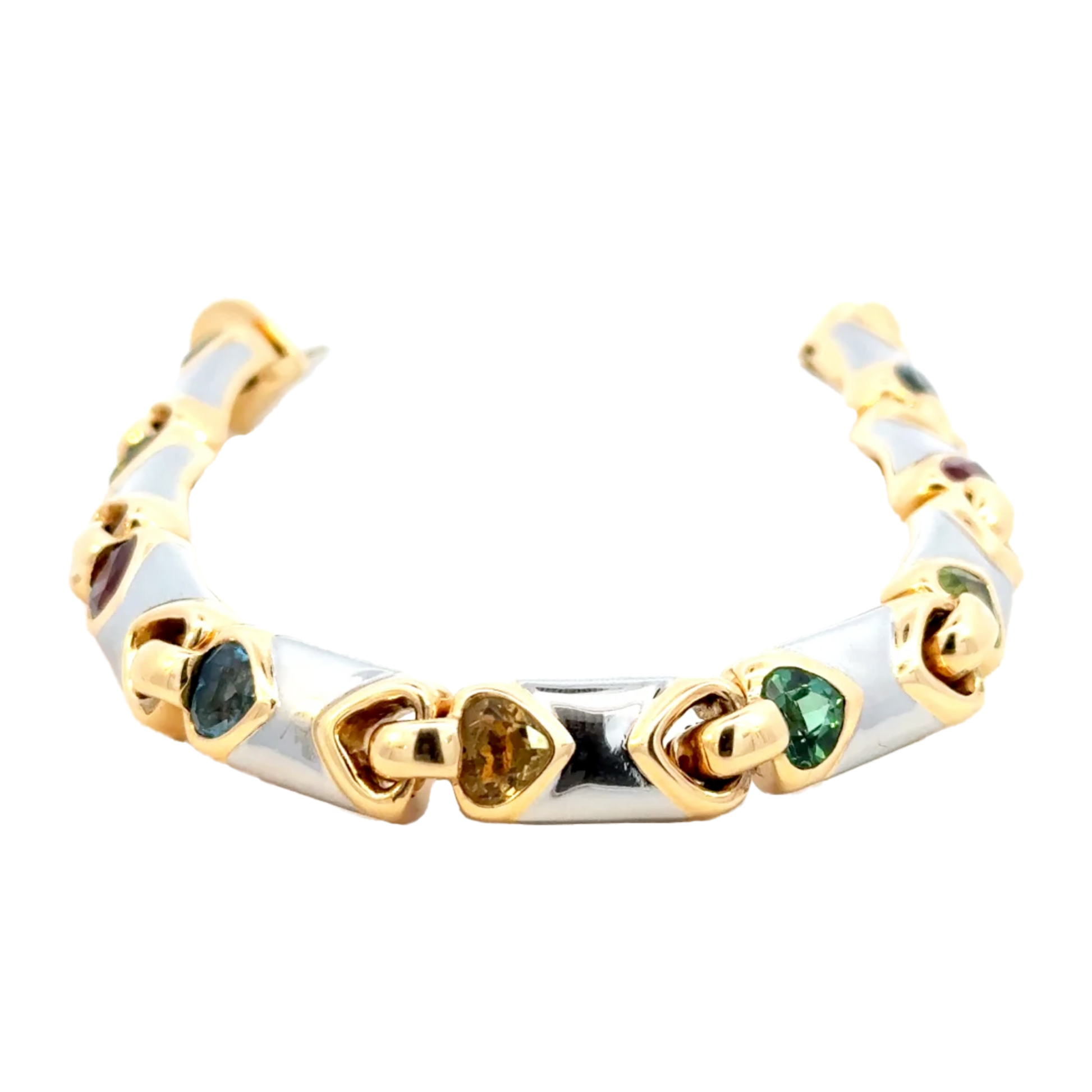 Bulgari Italy 1980s 18KT White & Yellow Gold Tourmaline "Doppio Cuore" Bracelet front