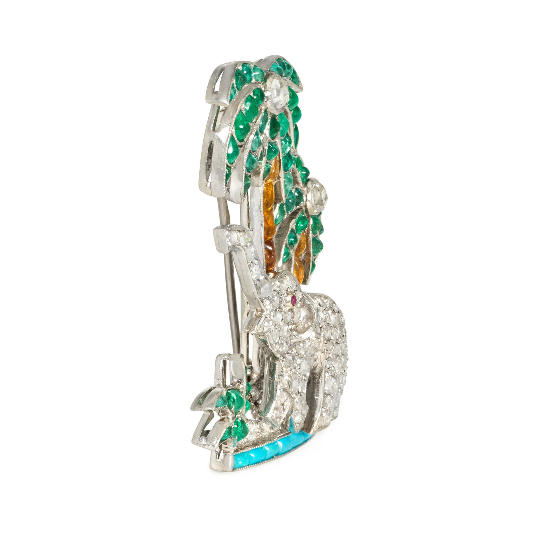 French Art Deco Platinum Diamond, Citrine, Emerald, Ruby & Turquoise Elephant Brooch side