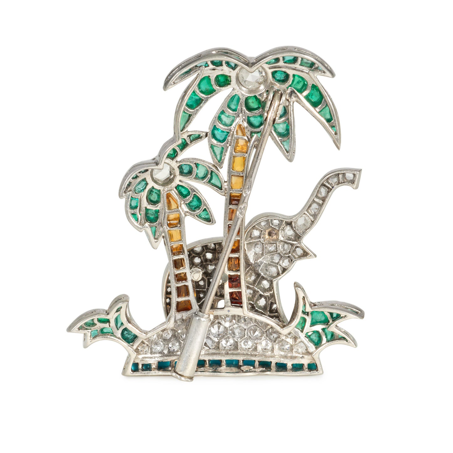 French Art Deco Platinum Diamond, Citrine, Emerald, Ruby & Turquoise Elephant Brooch back