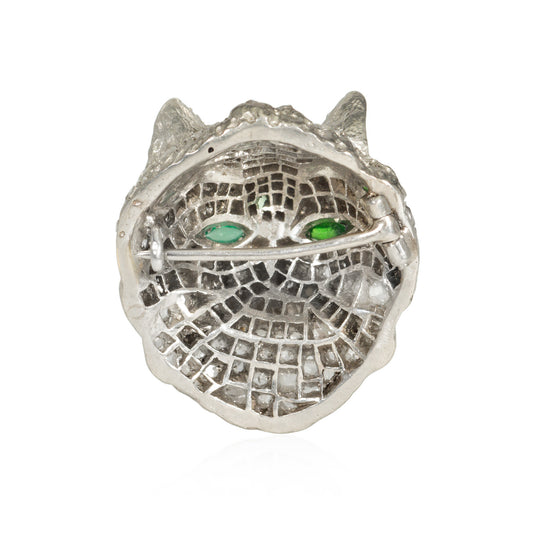 Art Deco Platinum Diamond & Emerald Cat Brooch back