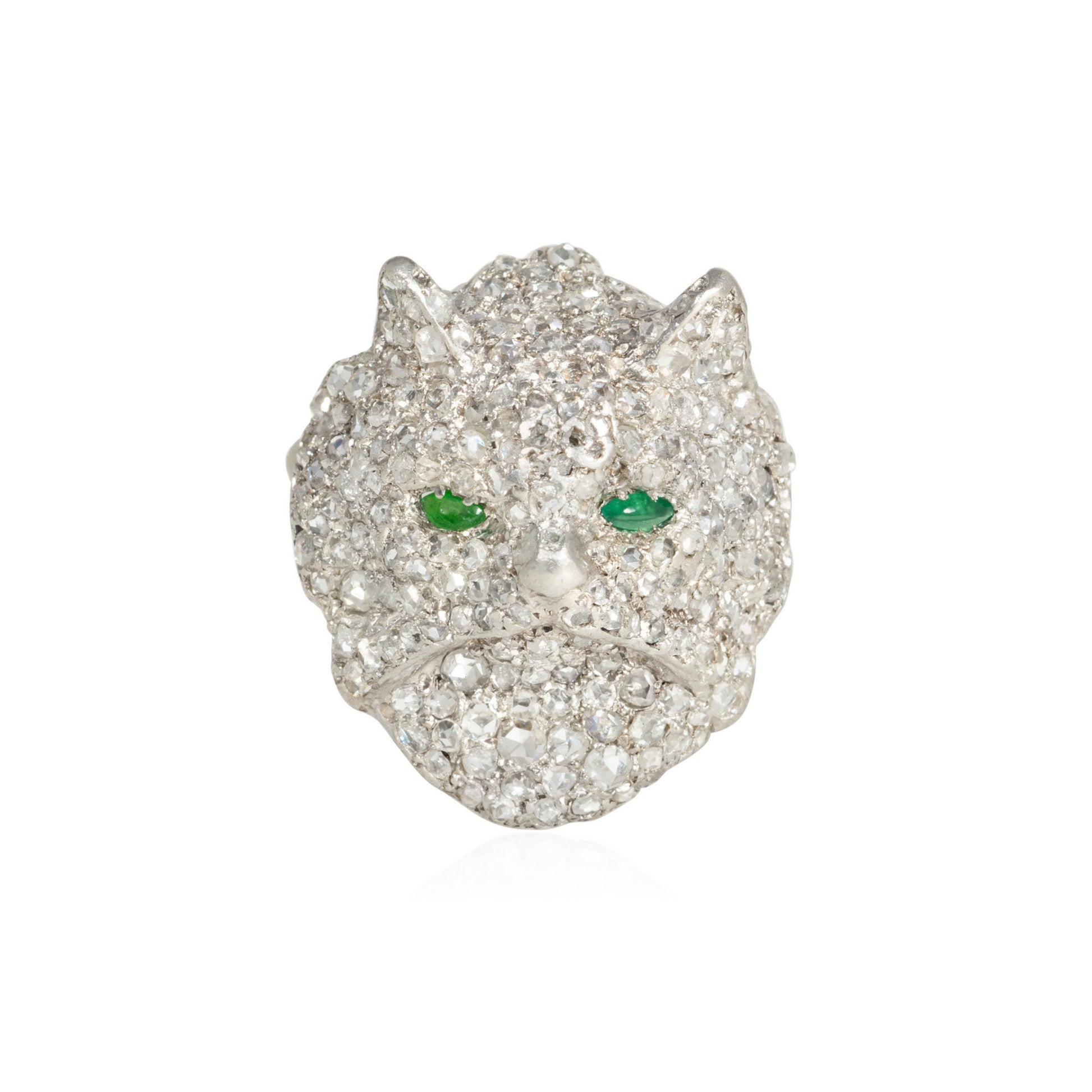 Art Deco Platinum Diamond & Emerald Cat Brooch front