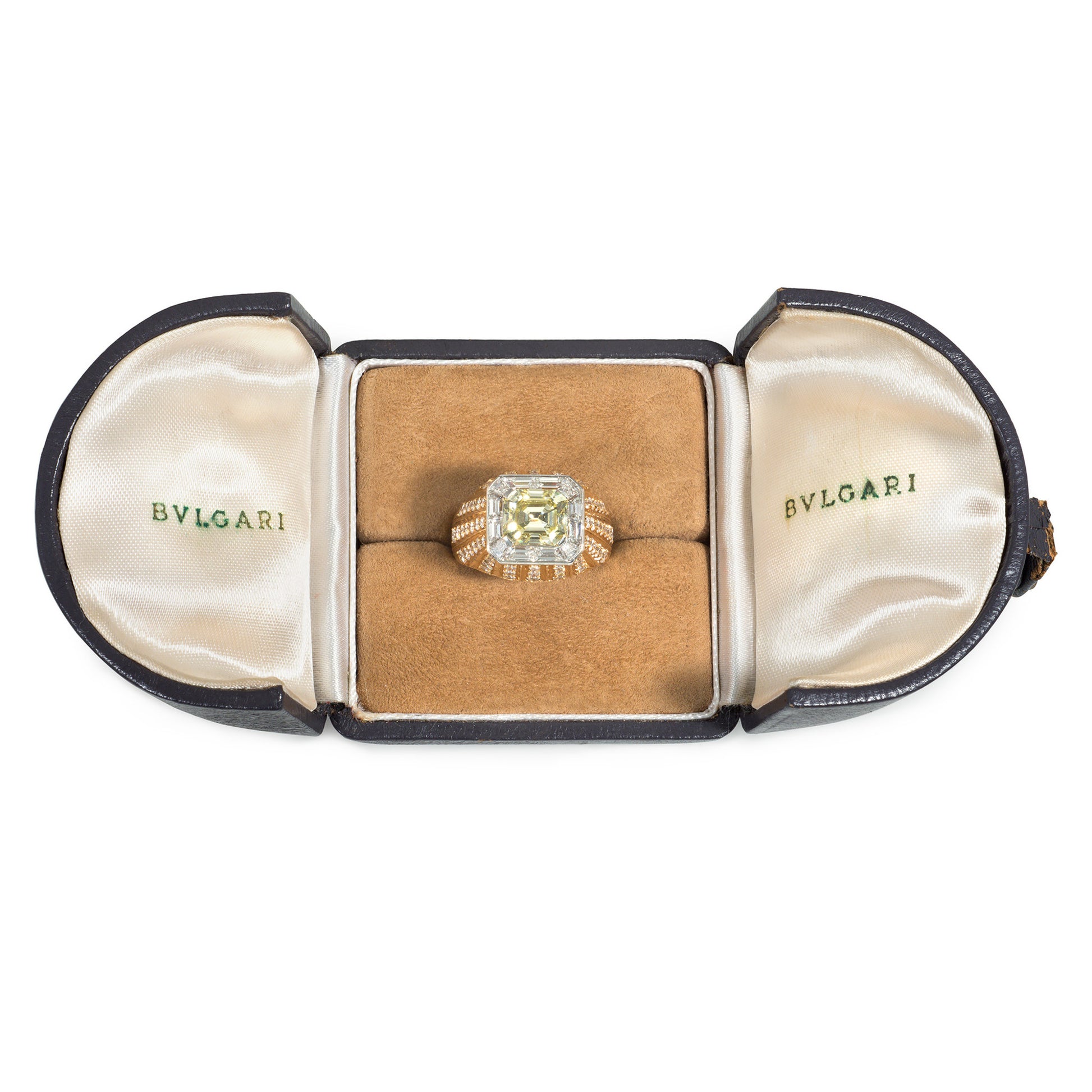 Bulgari 1970s 18KT Rose Gold Yellow & White Diamond Ring in box