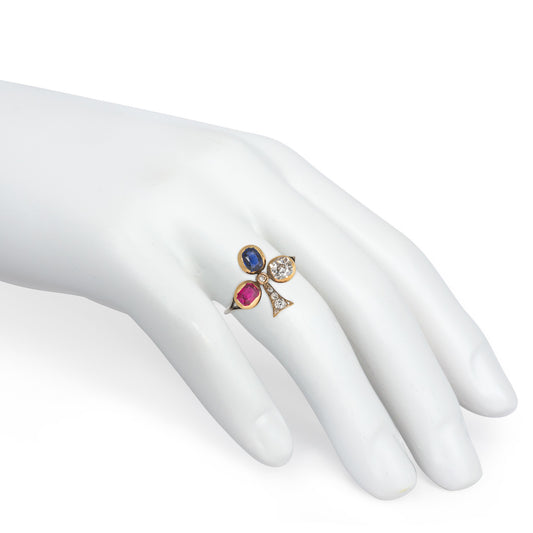 Victorian 18KT Yellow Gold Diamond, Ruby & Sapphire Ring on hand