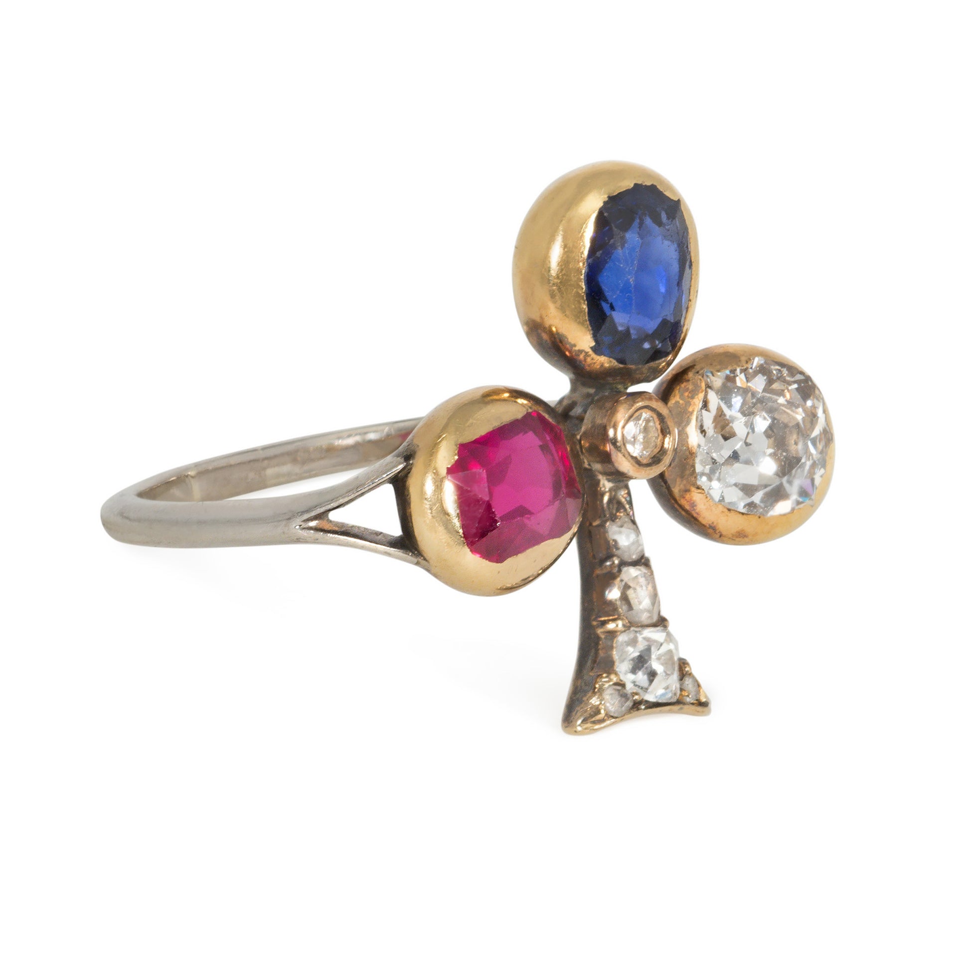 Victorian 18KT Yellow Gold Diamond, Ruby & Sapphire Ring side