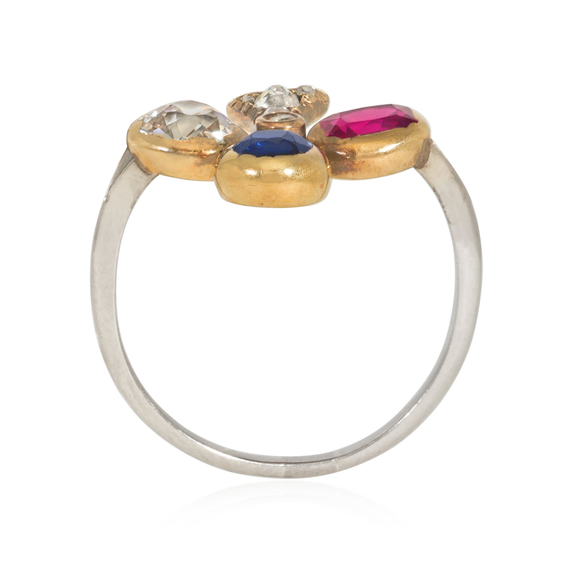 Victorian 18KT Yellow Gold Diamond, Ruby & Sapphire Ring profile