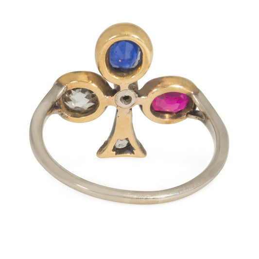 Victorian 18KT Yellow Gold Diamond, Ruby & Sapphire Ring back