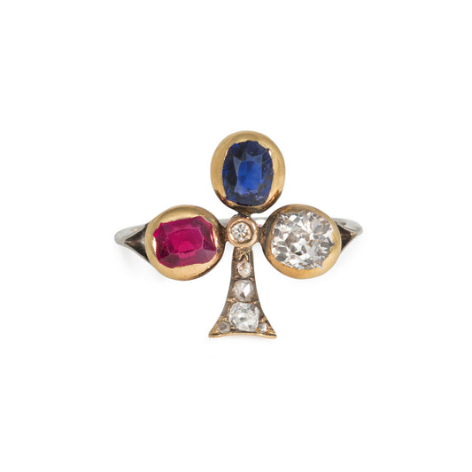 Victorian 18KT Yellow Gold Diamond, Ruby & Sapphire Ring front