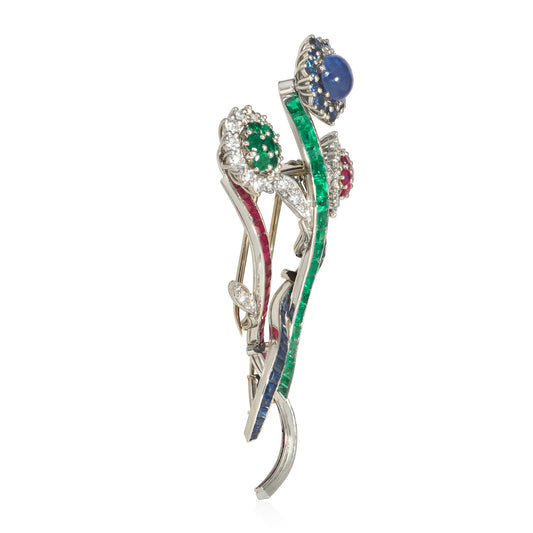 French 1950s Platinum Diamond, Emerald, Ruby, Sapphire Floral Brooch side