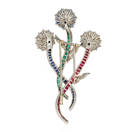 French 1950s Platinum Diamond, Emerald, Ruby, Sapphire Floral Brooch back