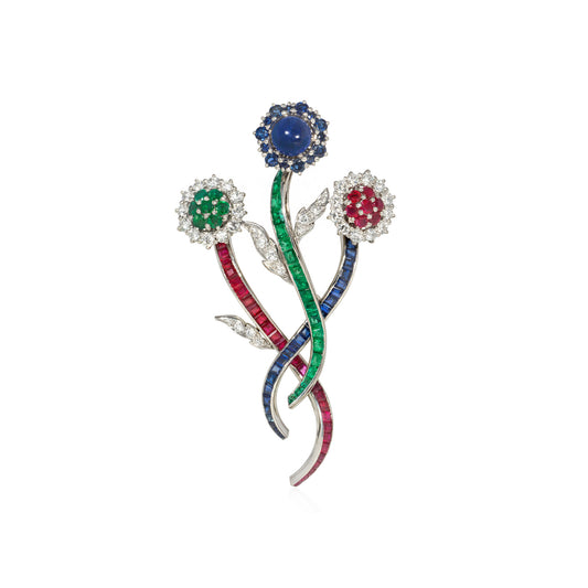 French 1950s Platinum Diamond, Emerald, Ruby, Sapphire Floral Brooch front