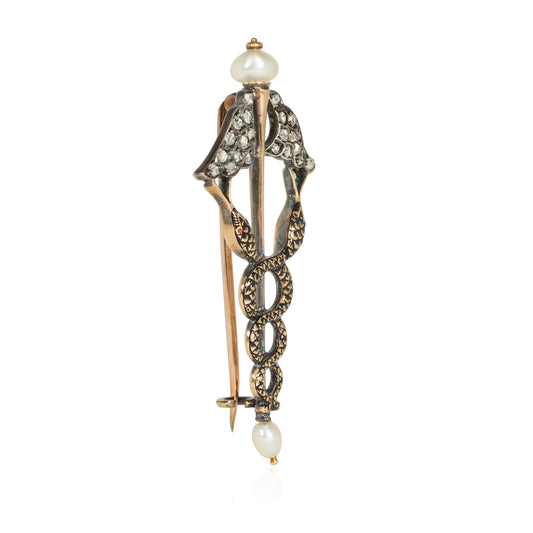 Carlo & Arthur Giuliano England Victorian Silver & 15KT Yellow Gold Enamel, Natural Pearl & Pink Diamond Caduceus Brooch side