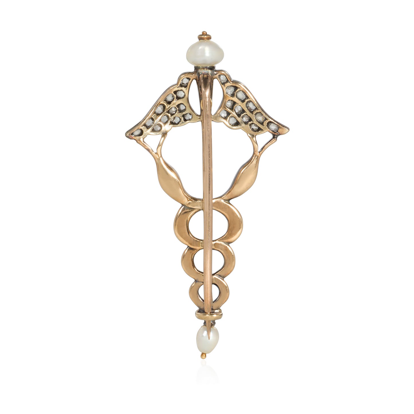 Carlo & Arthur Giuliano England Victorian Silver & 15KT Yellow Gold Enamel, Natural Pearl & Pink Diamond Caduceus Brooch back