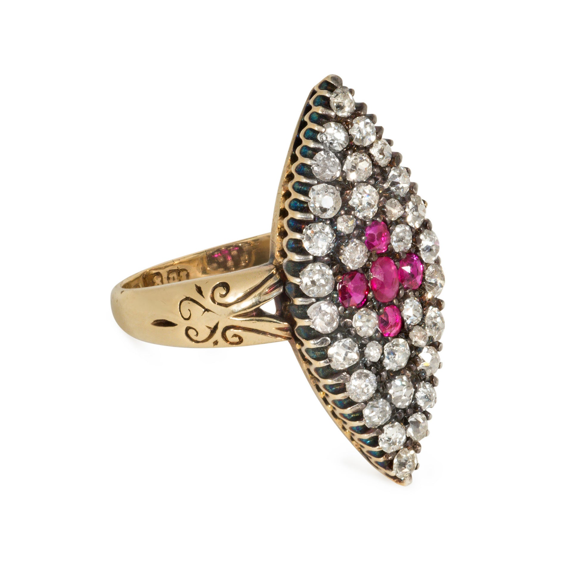 Victorian Silver & 18KT Yellow Gold Diamond & Ruby Ring side