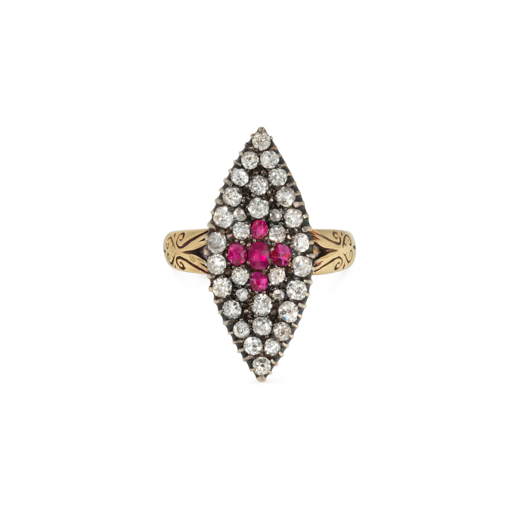 Victorian Silver & 18KT Yellow Gold Diamond & Ruby Ring front