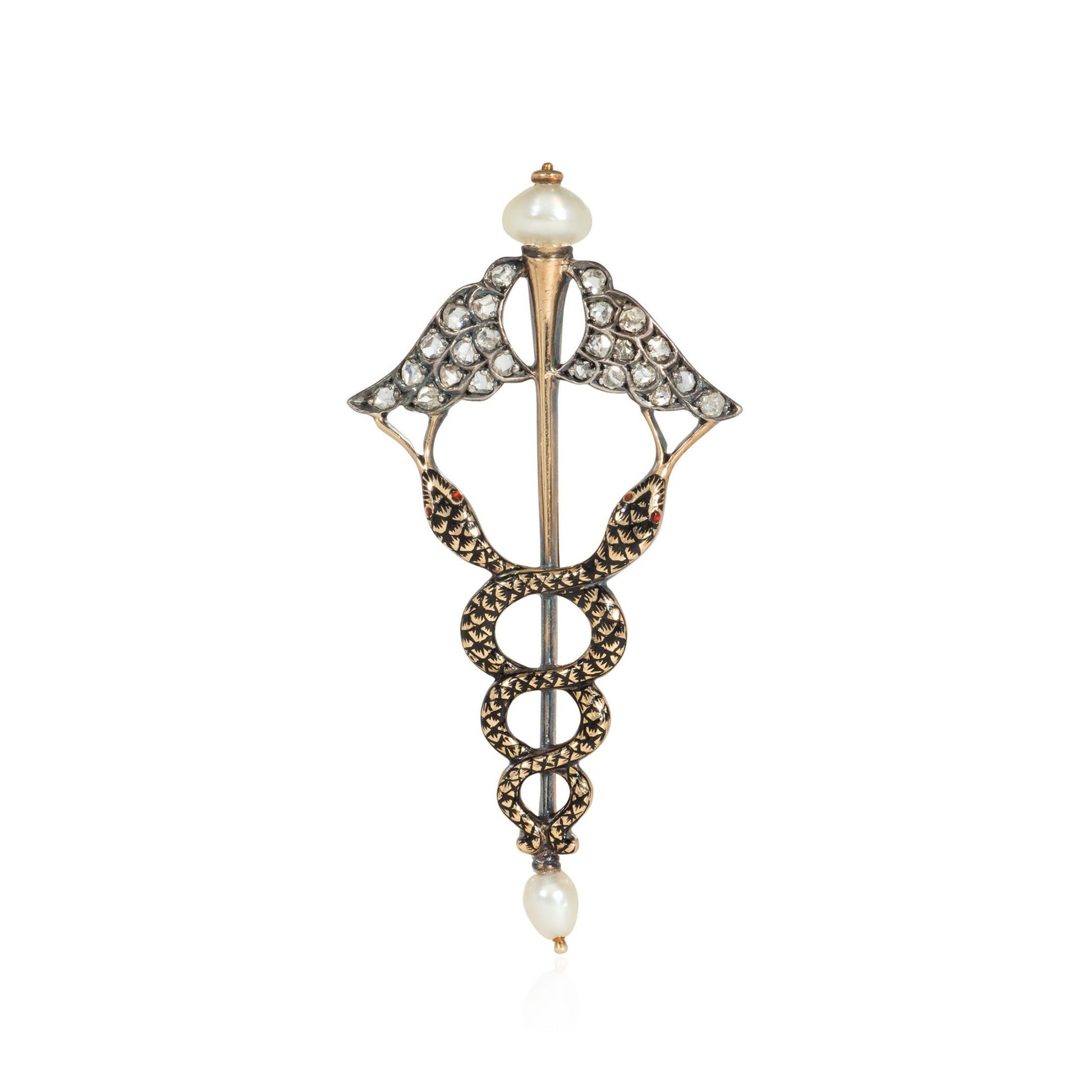 Carlo & Arthur Giuliano England Victorian Silver & 15KT Yellow Gold Enamel, Natural Pearl & Pink Diamond Caduceus Brooch front