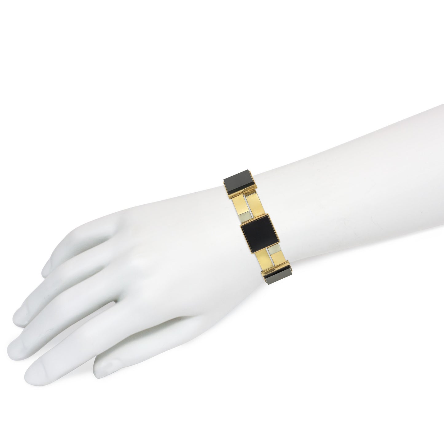 French Art Deco 18KT Yellow Gold Onyx Bracelet on wrist