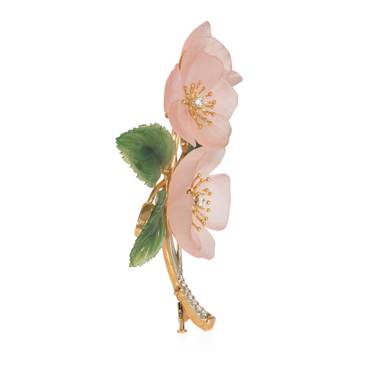 A.E. Kochert Austro-Hungarian Retro 18KT Yellow Gold Diamond & Rose Quartz Flower Brooch side