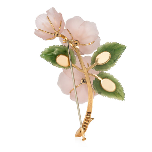 A.E. Kochert Austro-Hungarian Retro 18KT Yellow Gold Diamond & Rose Quartz Flower Brooch back