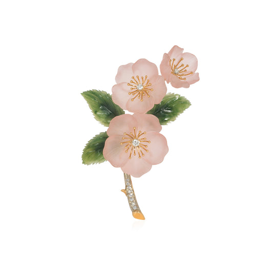 A.E. Kochert Austro-Hungarian Retro 18KT Yellow Gold Diamond & Rose Quartz Flower Brooch front