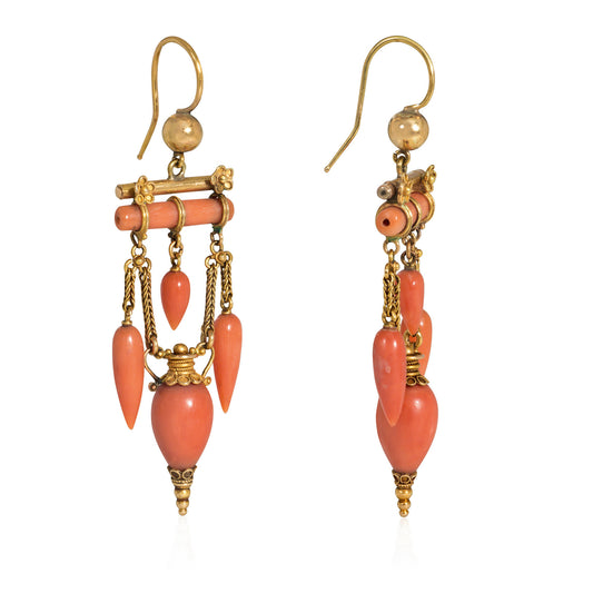 Etruscan Revival 18KT Yellow Gold Coral Earrings side