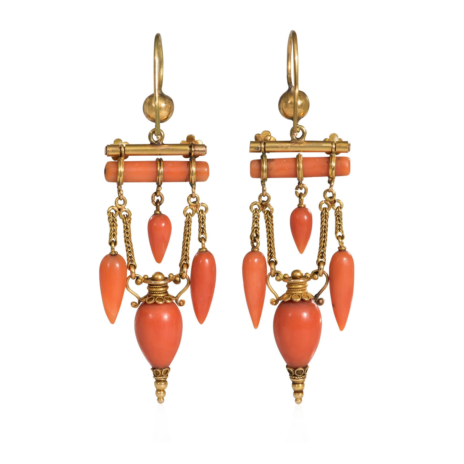 Etruscan Revival 18KT Yellow Gold Coral Earrings back