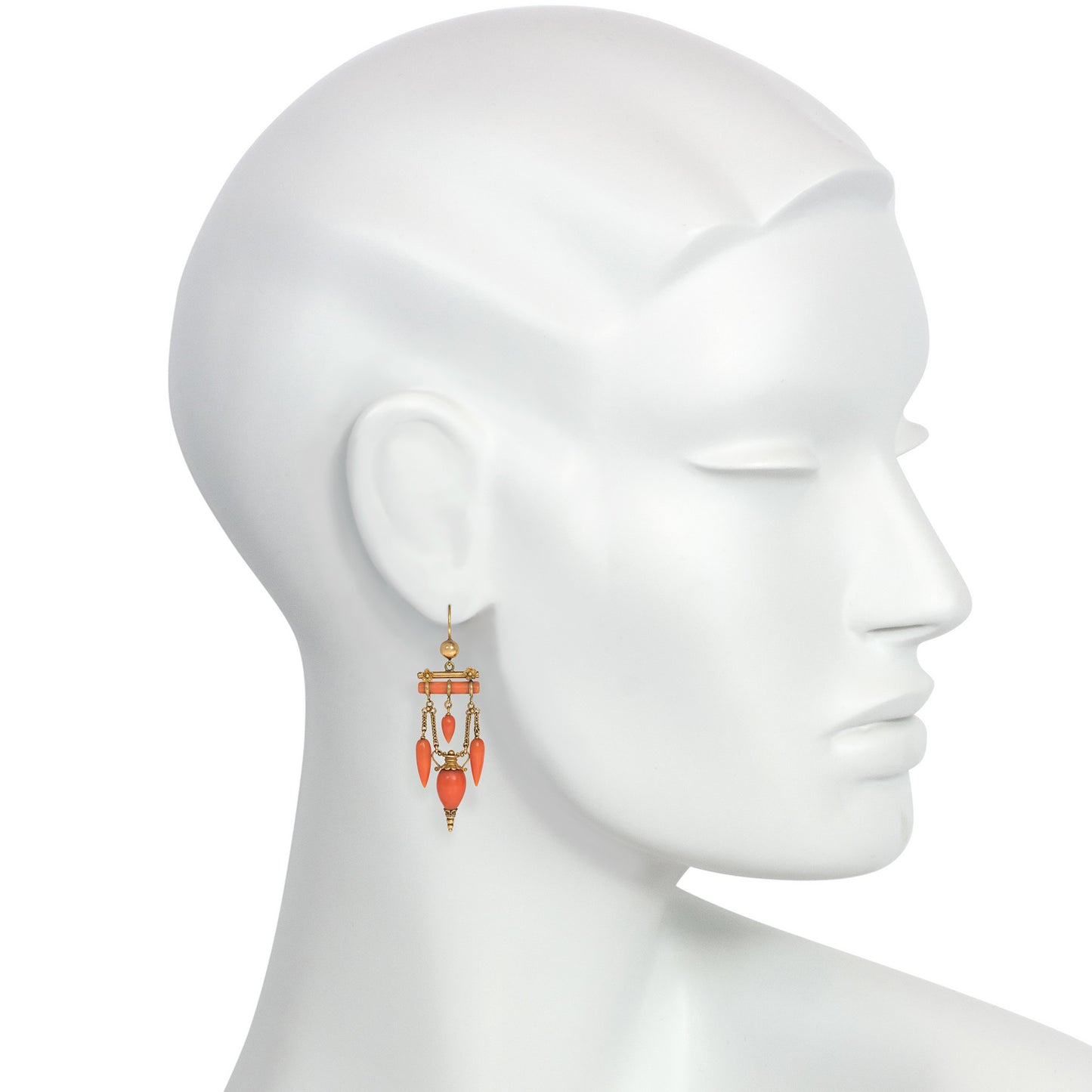 Etruscan Revival 18KT Yellow Gold Coral Earrings on ear