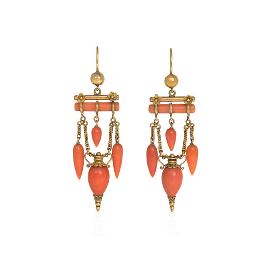 Etruscan Revival 18KT Yellow Gold Coral Earrings front