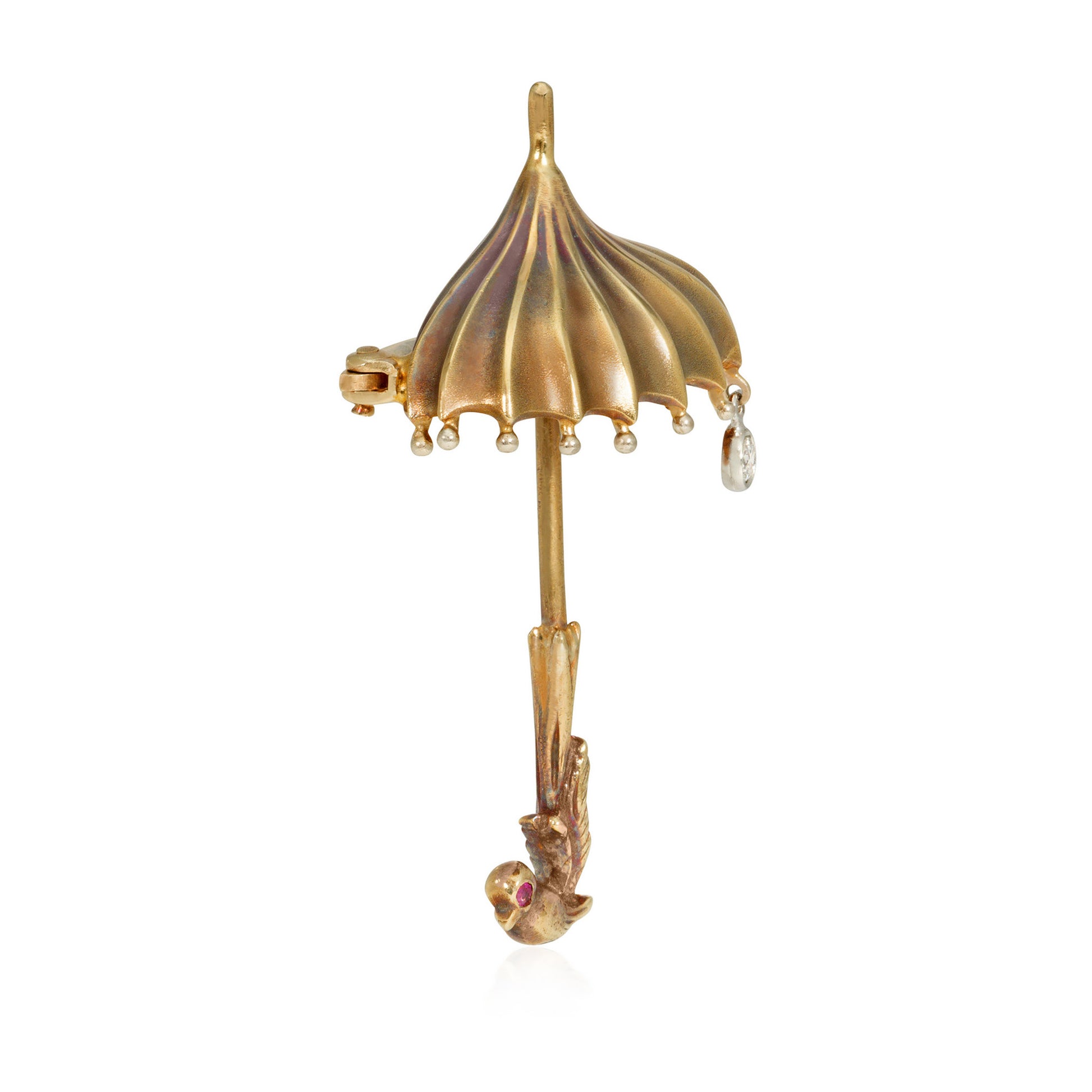 1940s 14KT Yellow Gold Diamond Parasol Brooch side