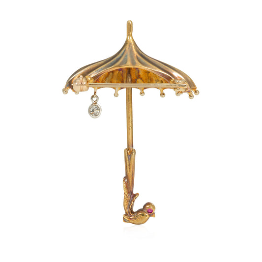 1940s 14KT Yellow Gold Diamond Parasol Brooch back