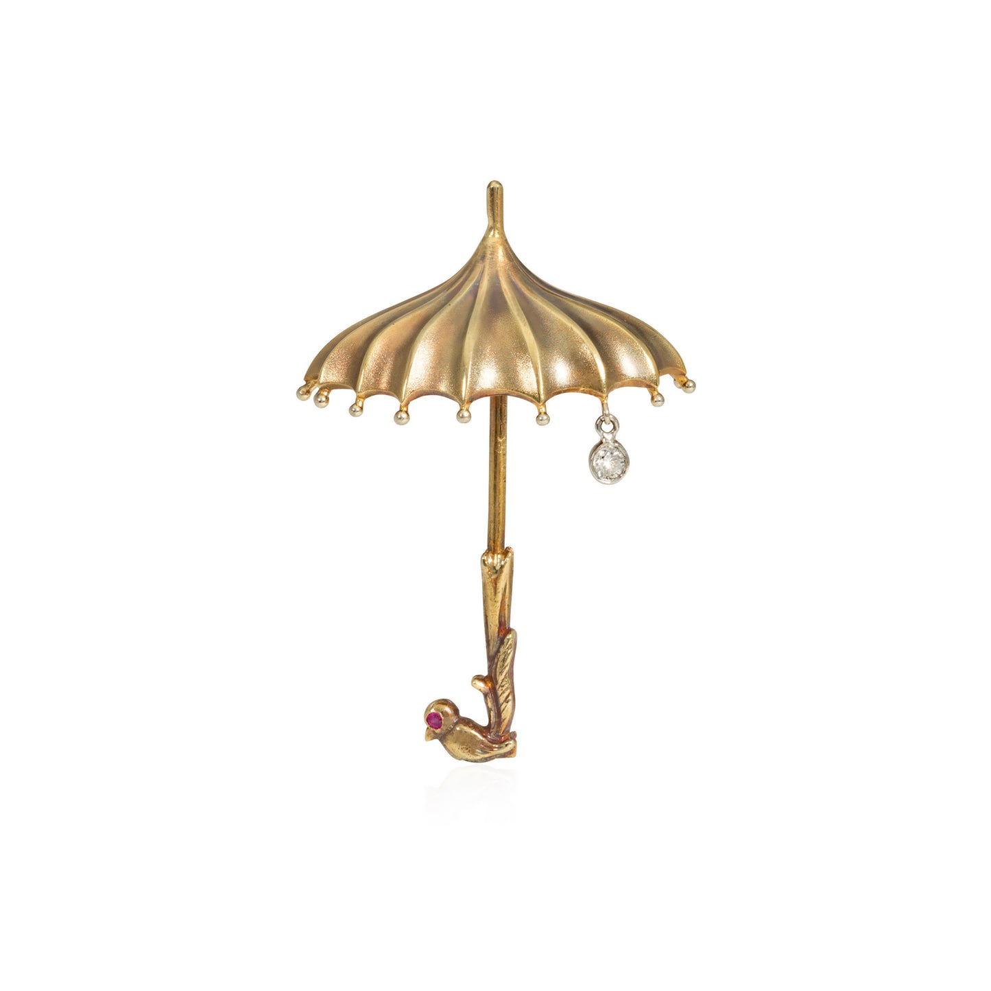 1940s 14KT Yellow Gold Diamond Parasol Brooch front