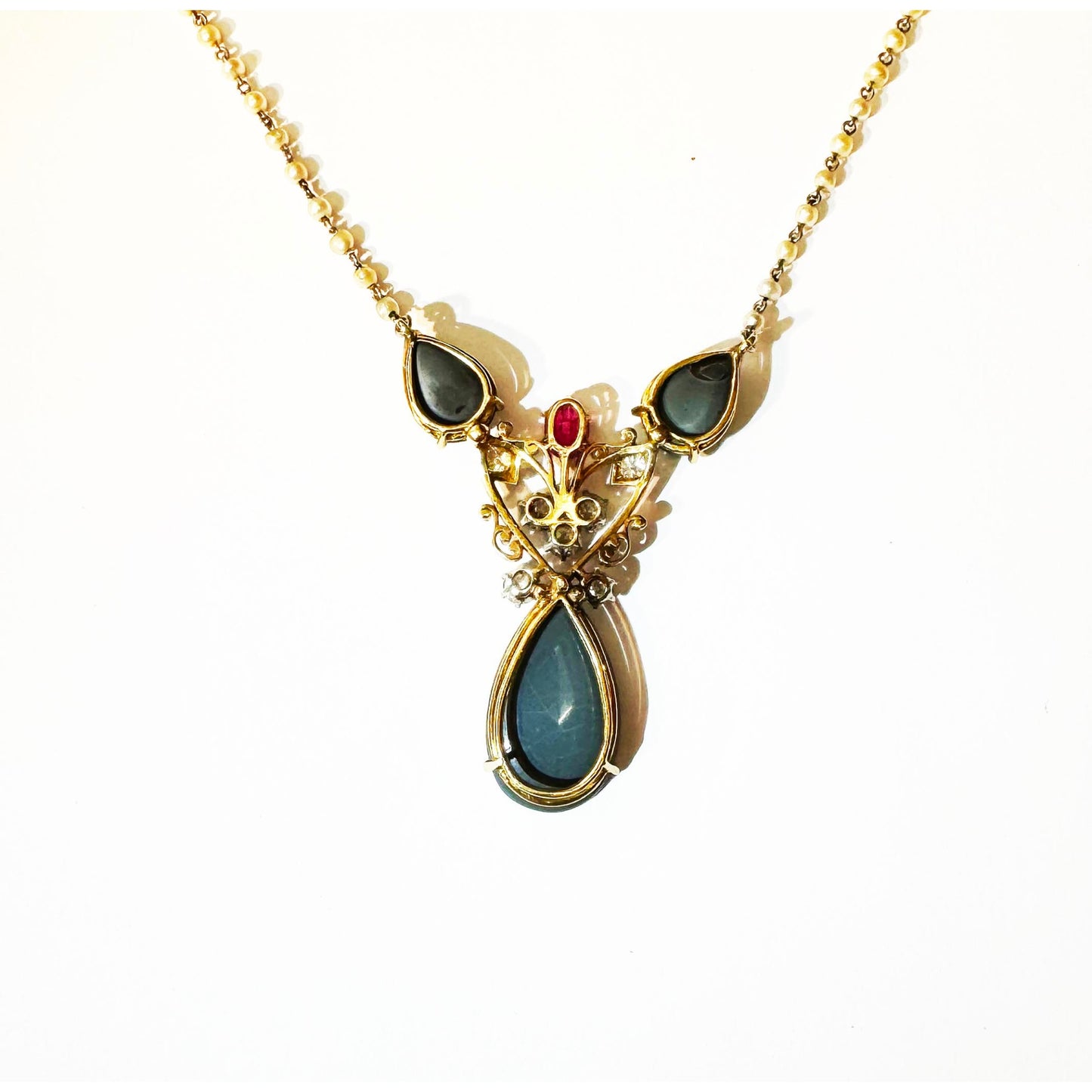 1930s Platinum & 18KT Yellow Gold Australian Opal, Diamond, Natural Pearl & Ruby Necklace back