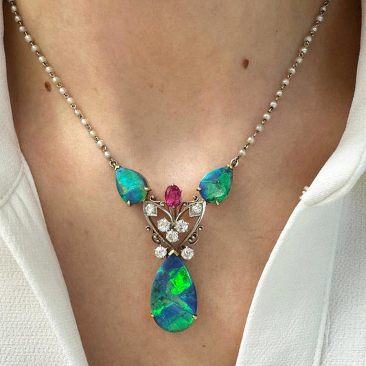 1930s Platinum & 18KT Yellow Gold Australian Opal, Diamond, Natural Pearl & Ruby Necklace on neck