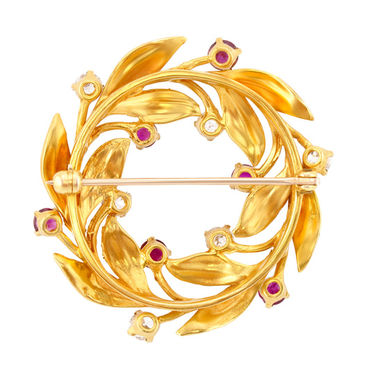 1950s 18KT Yellow Gold Ruby & Diamond Wreath Brooch back