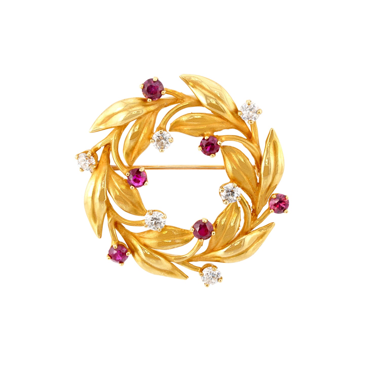 1950s 18KT Yellow Gold Ruby & Diamond Wreath Brooch front