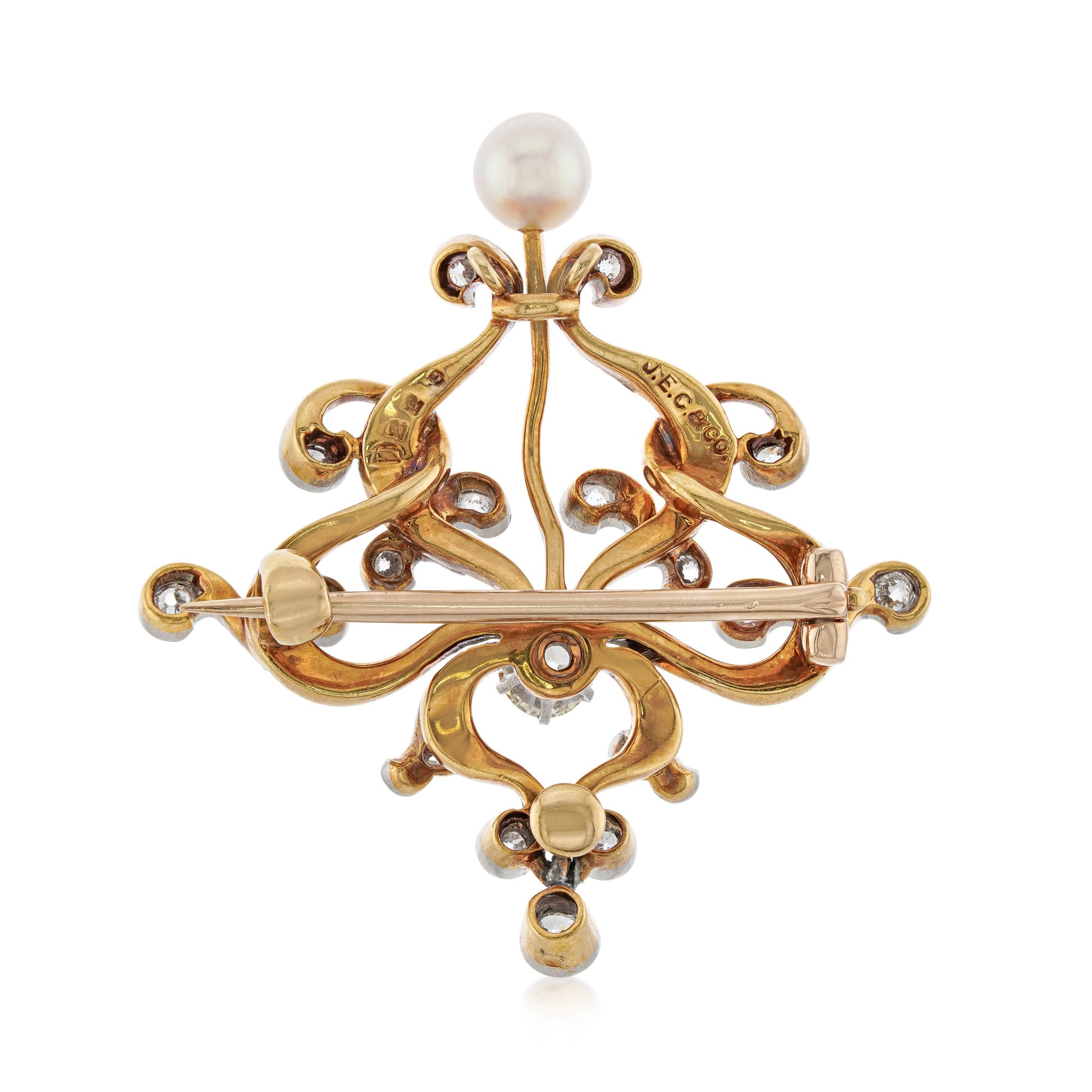 JE Caldwell Art Nouveau Platinum & 18KT Yellow Gold Diamond, Enamel & Natural Pearl Brooch back