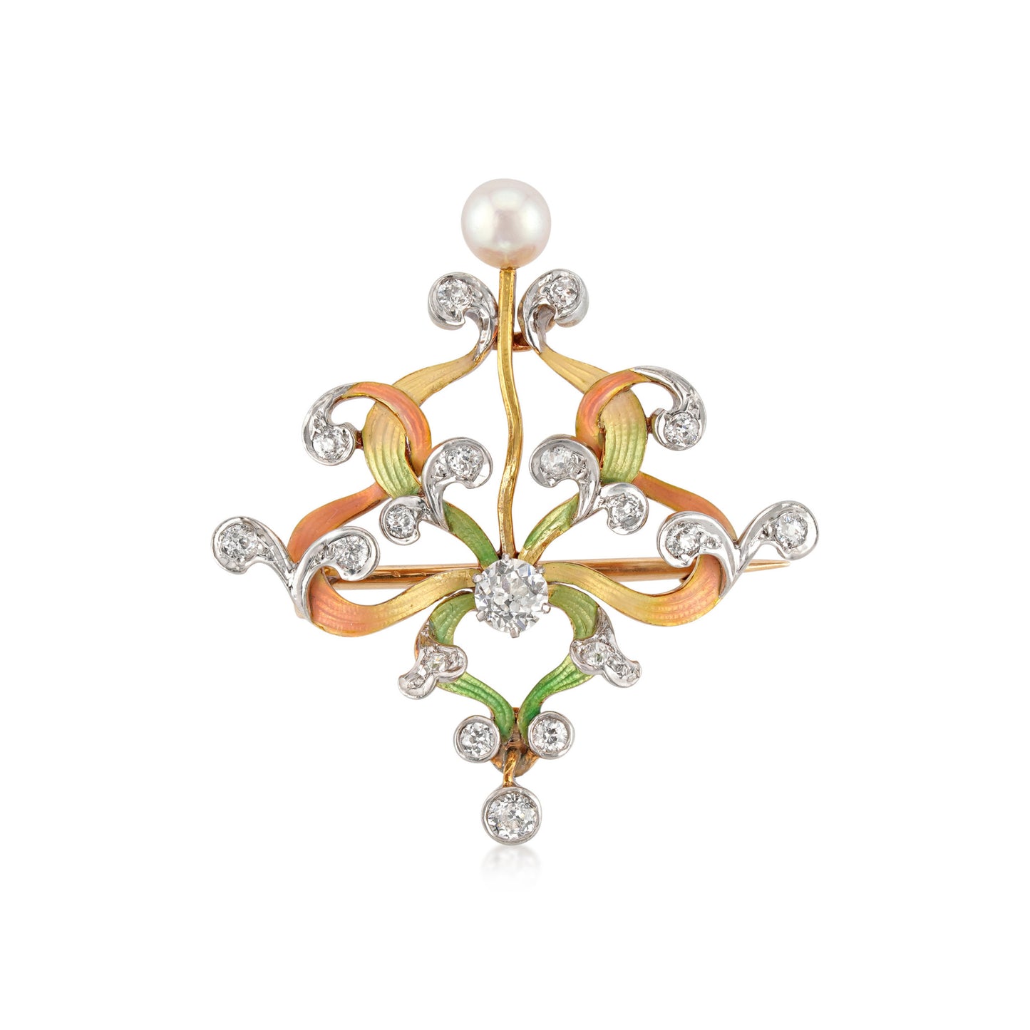 JE Caldwell Art Nouveau Platinum & 18KT Yellow Gold Diamond, Enamel & Natural Pearl Brooch front