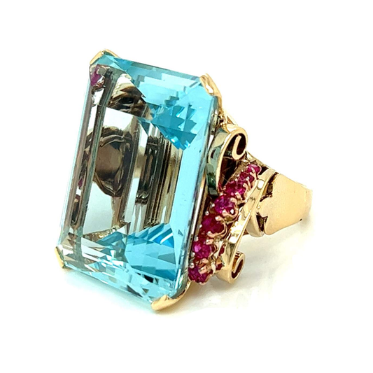 Retro 14KT Yellow Gold Aquamarine & Ruby Ring side