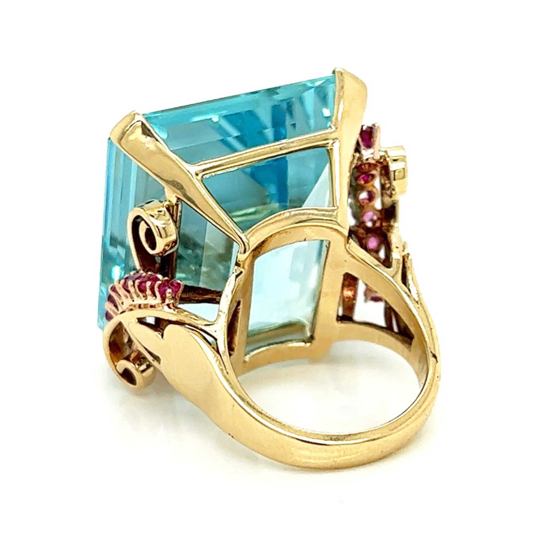 Retro 14KT Yellow Gold Aquamarine & Ruby Ring back