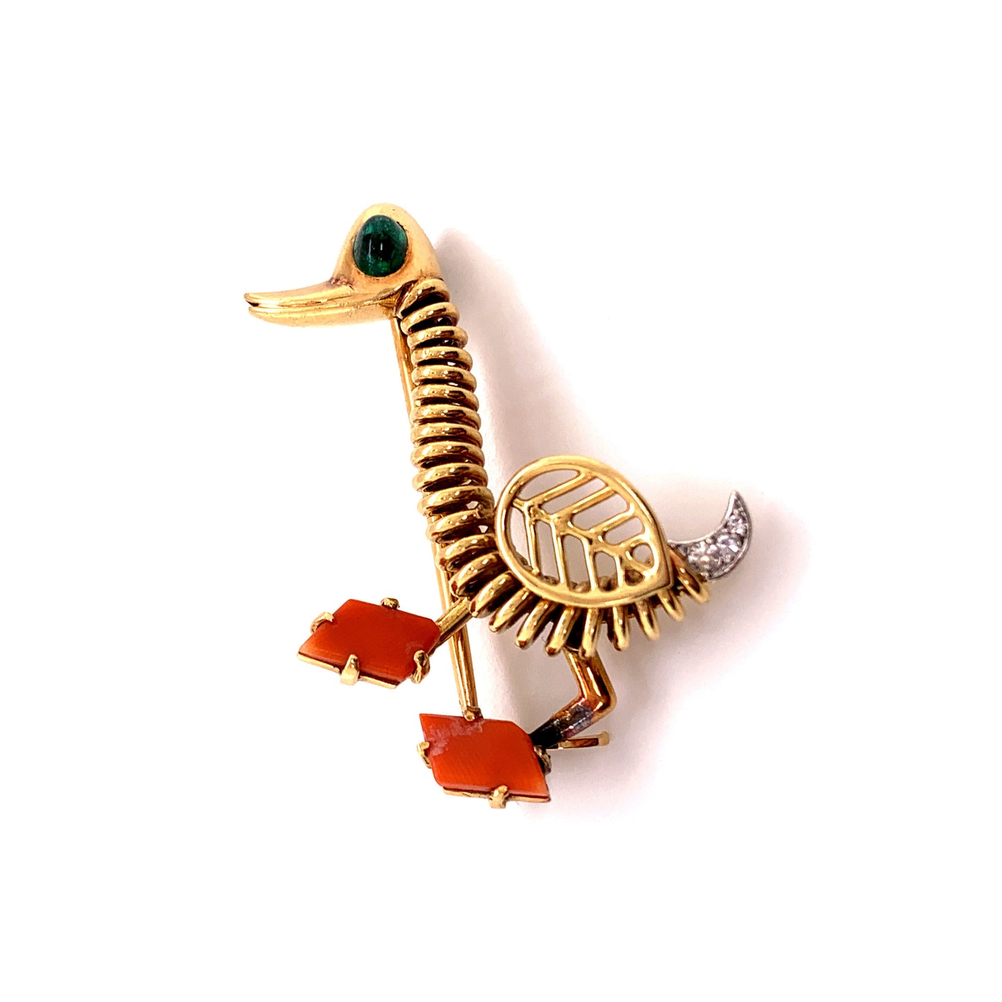 Cartier Paris 1960s 18KT Yellow Gold Coral & Emerald Duck Brooch front