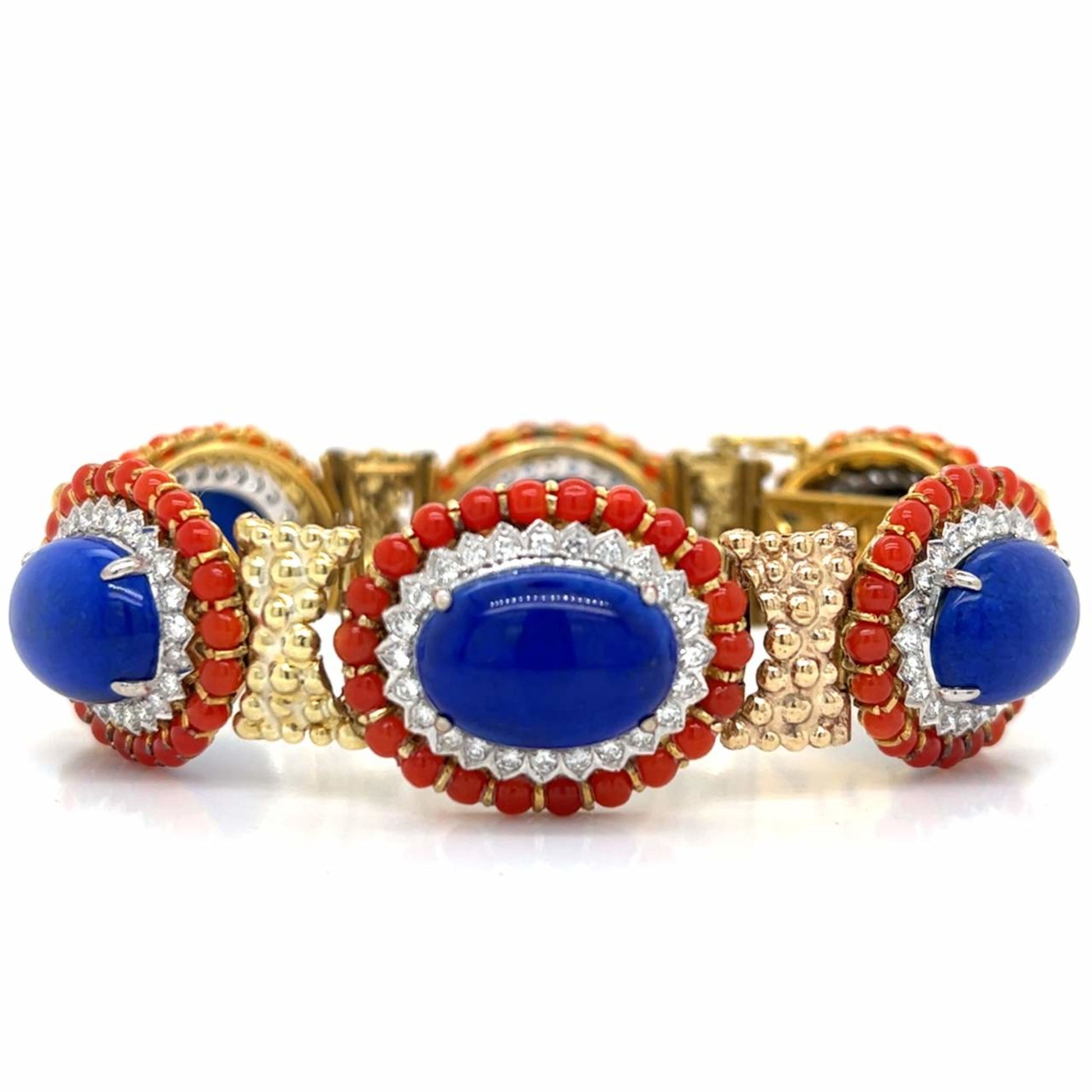 1960s 18KT Yellow Gold Diamond, Coral & Lapis Lazuli Bracelet front