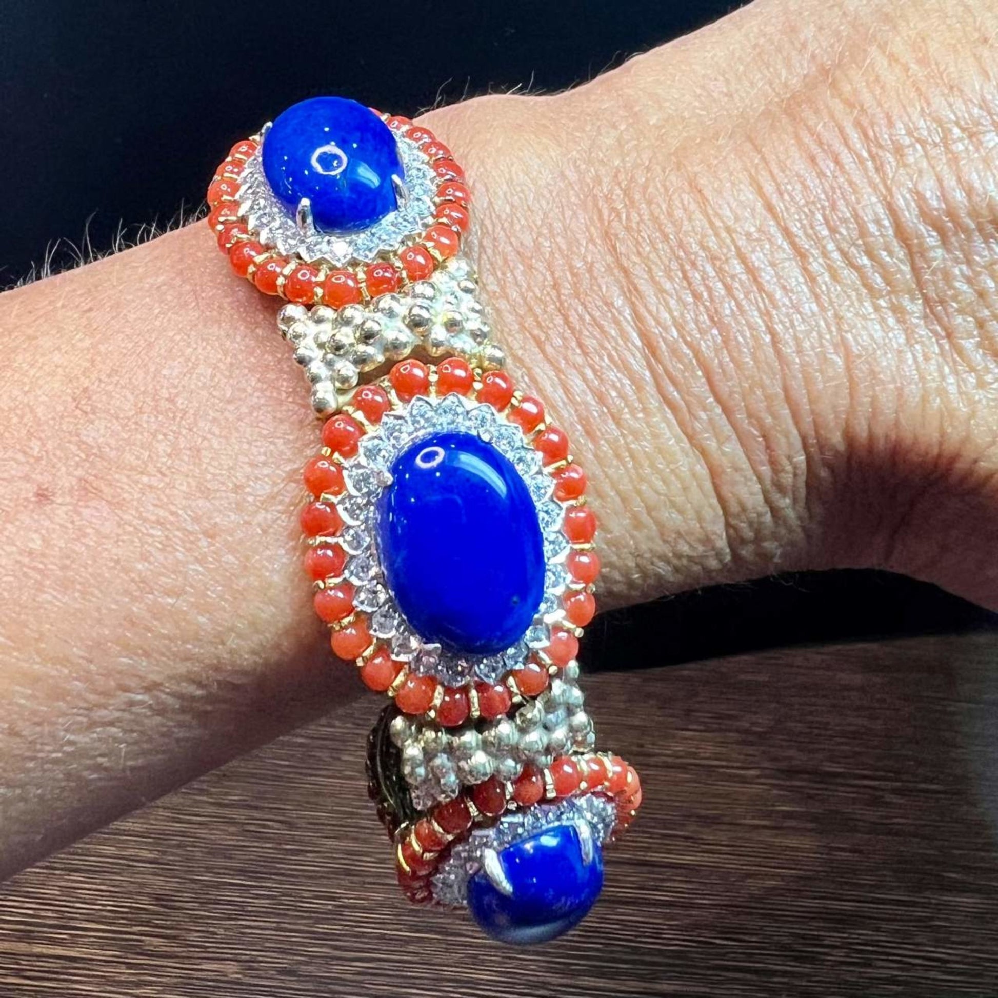 1960s 18KT Yellow Gold Diamond, Coral & Lapis Lazuli Bracelet on wrist