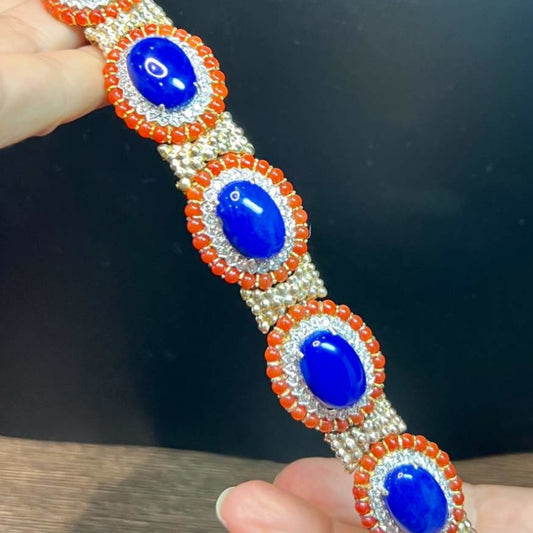 1960s 18KT Yellow Gold Diamond, Coral & Lapis Lazuli Bracelet close-up details