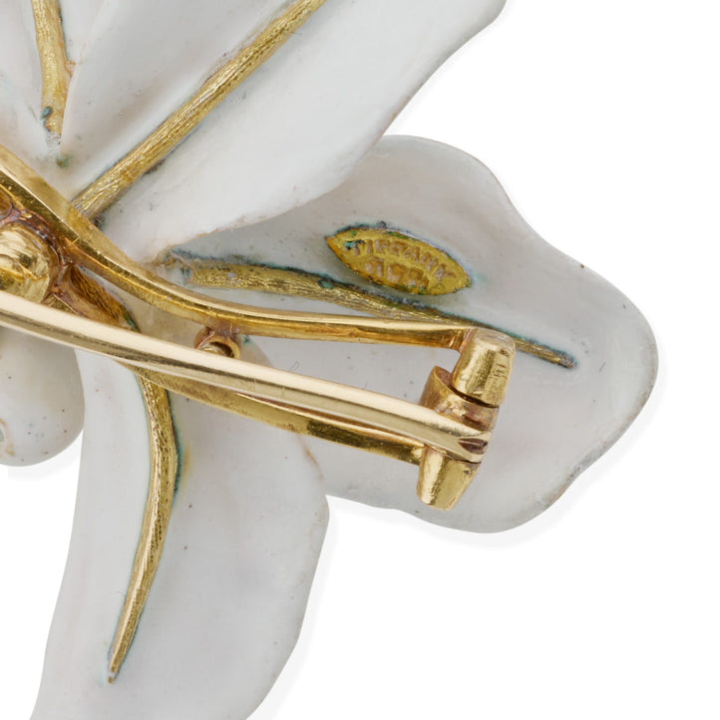 Tiffany & Co. Victorian 18KT Yellow Gold Enamel Orchid Brooch signature