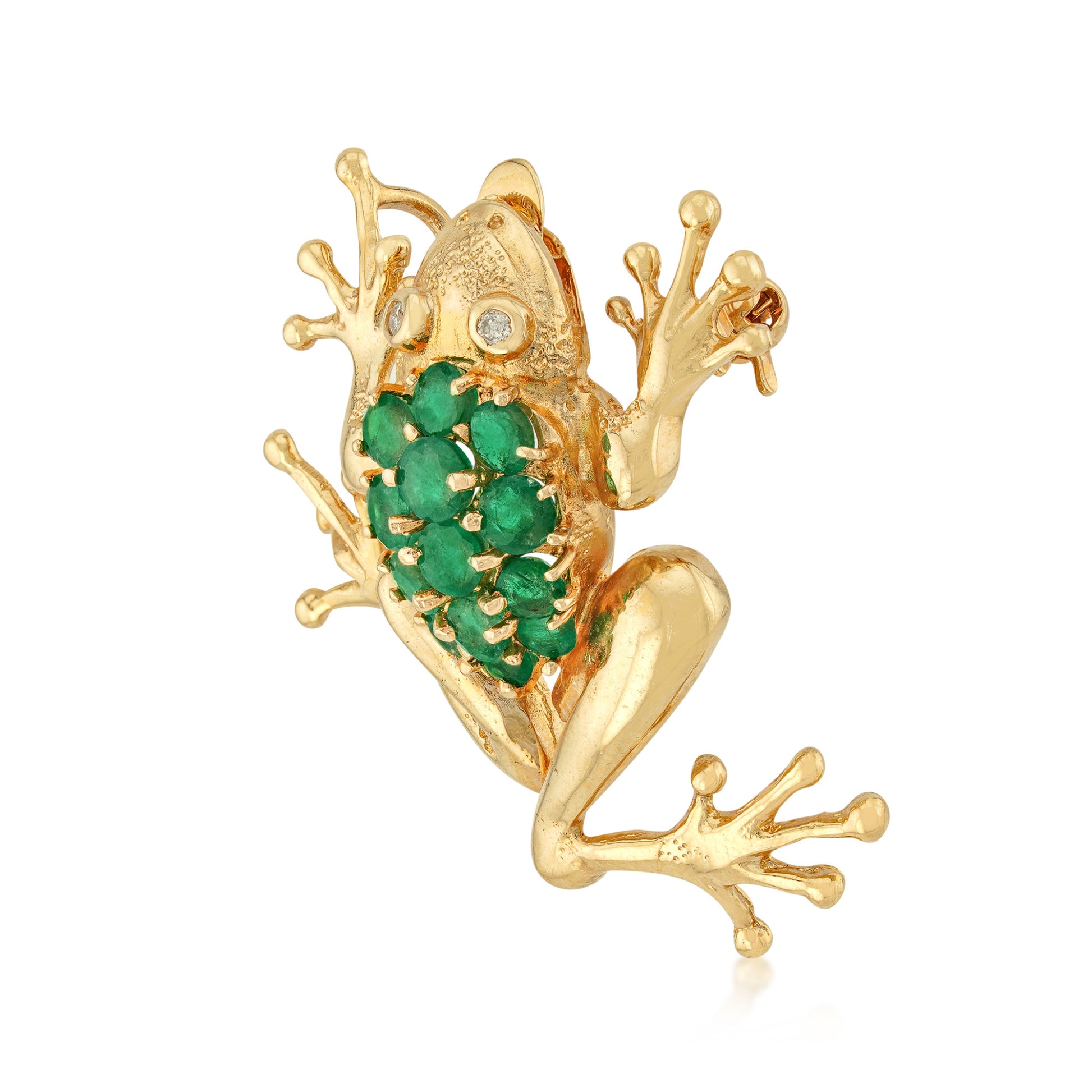 1980s 14KT Yellow Gold Emerald & Diamond Frog Brooch side