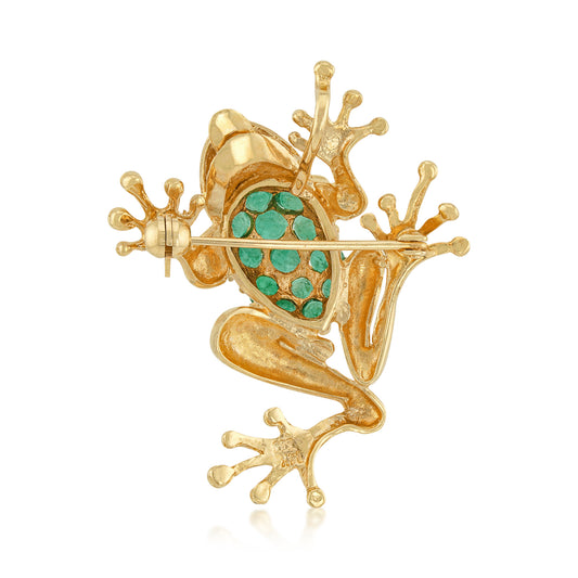 1980s 14KT Yellow Gold Emerald & Diamond Frog Brooch back